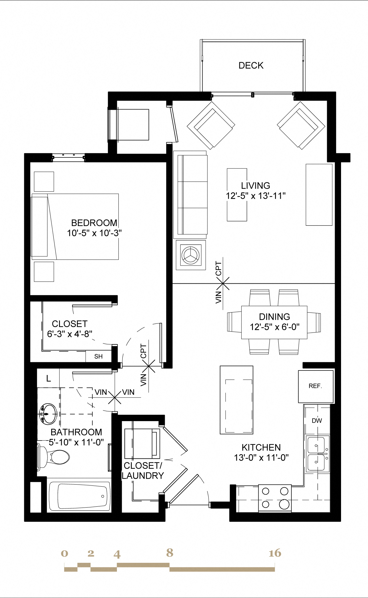 Floor plan for 1 bed, 1 bath, 748 sqft